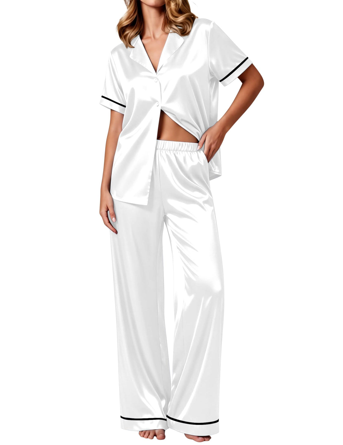 Ekouaer Women's Silk Pajamas Set Short Sleeve Satin Pjs 2 Piece Soft Loungewear with Pants Button Down Sleepwear