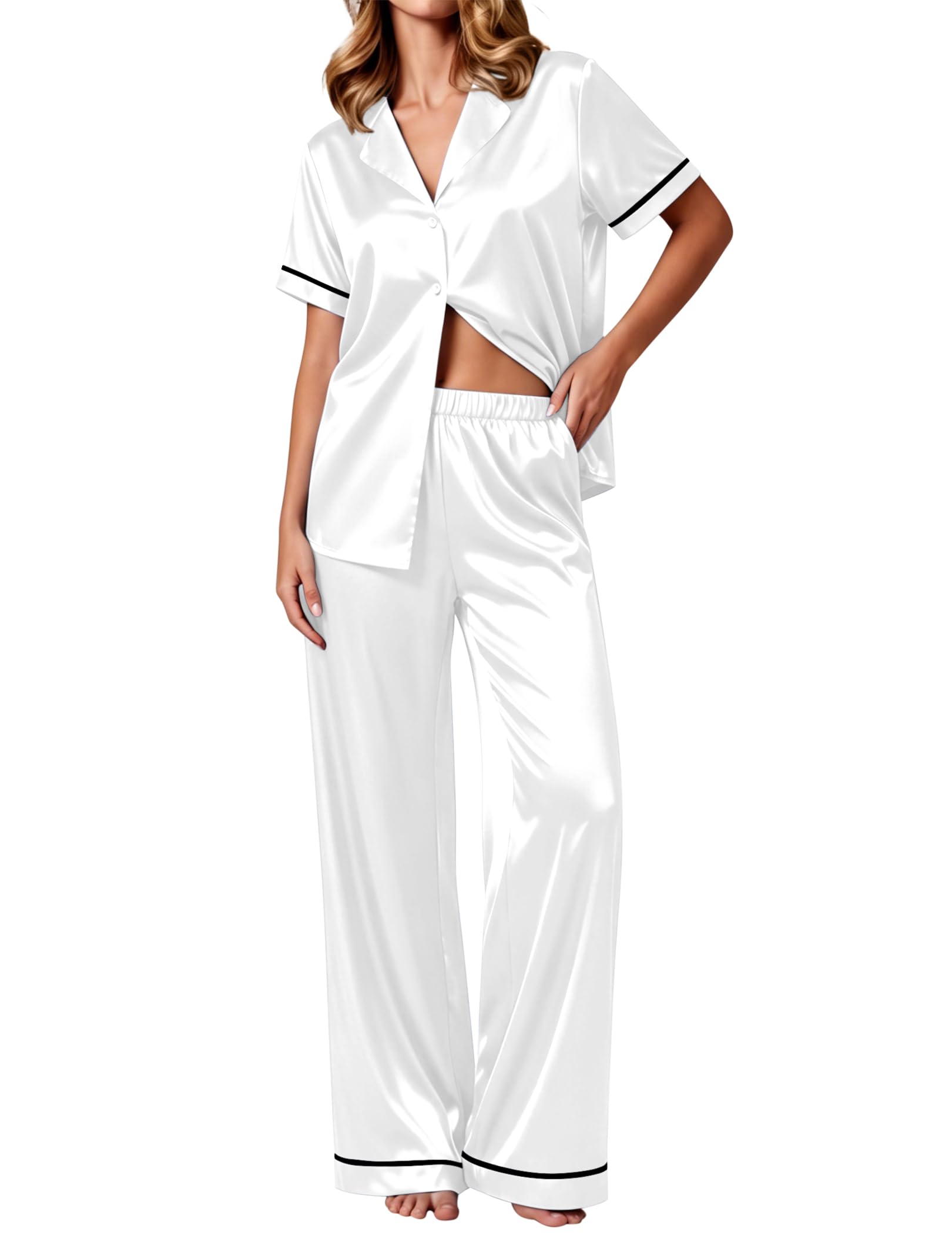 Ekouaer Women's Silk Pajamas Set Short Sleeve Satin Pjs 2 Piece Soft Loungewear with Pants Button Down Sleepwear