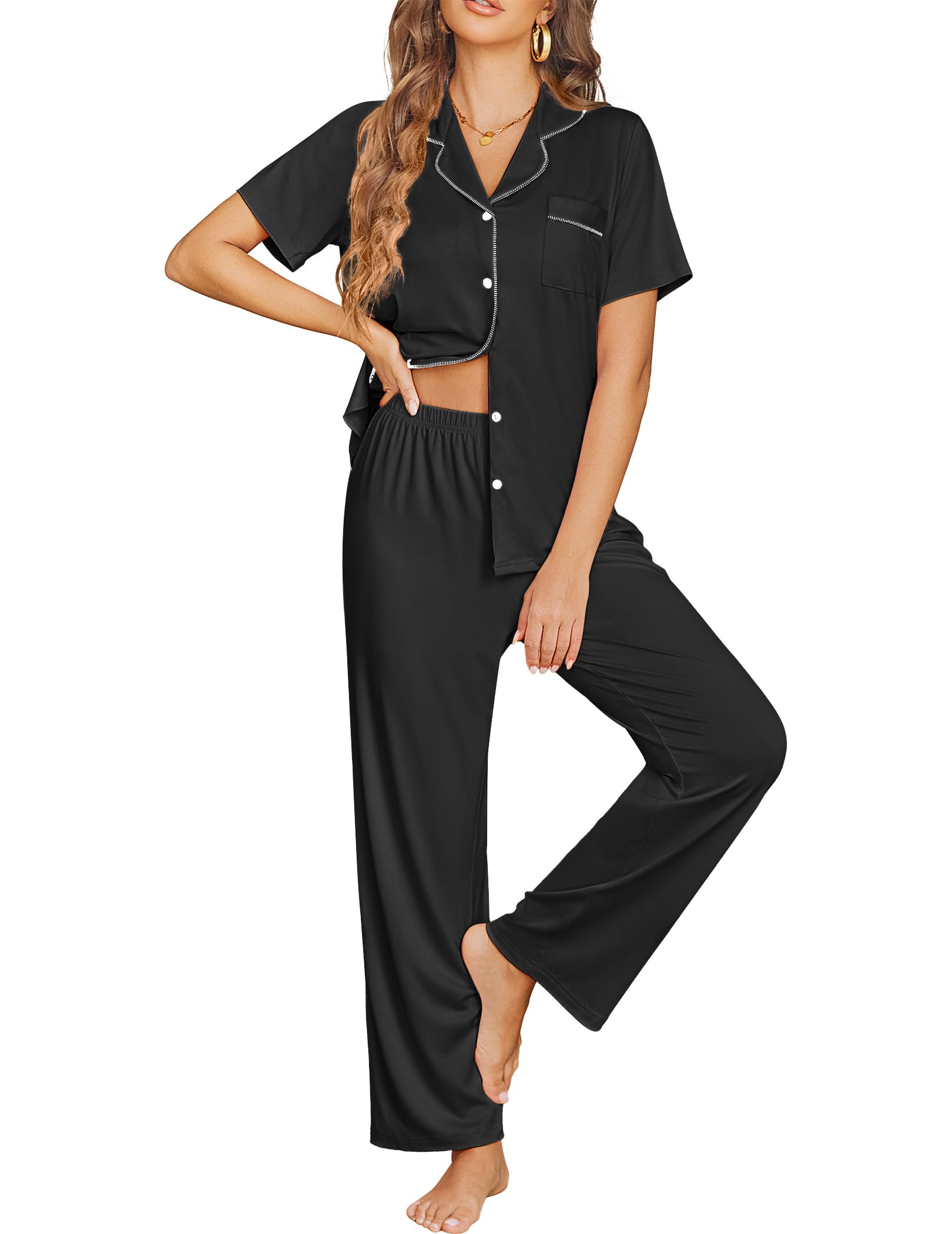 Ekouaer Womens Pajama Sets Button Down Pjs Lounge Sets 2 Piece Short Sleeve Sleepwear Soft Comfy Loungewear