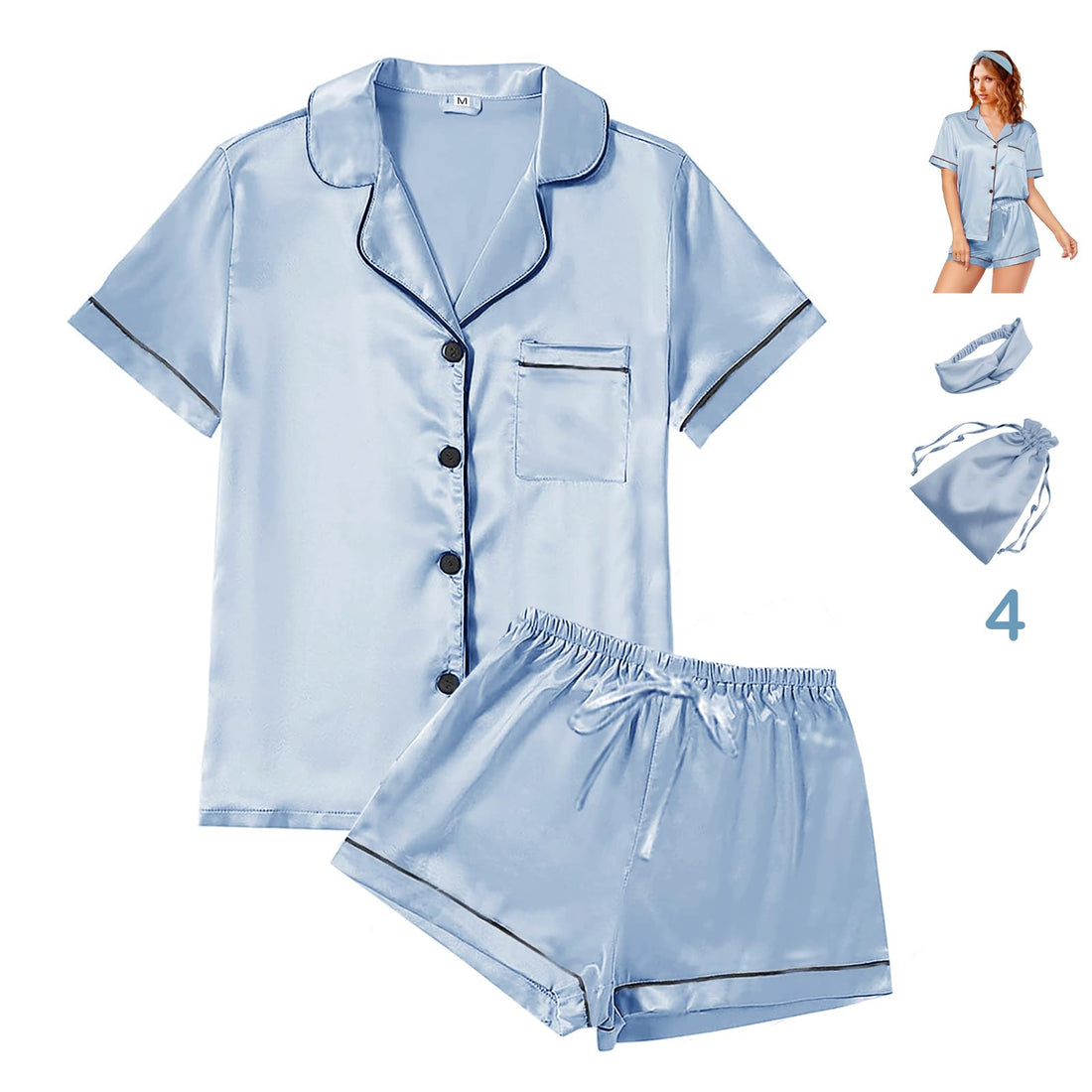 WJing Yi Jia 4Pcs Womens Satin Silky Pajama Sets Short Sleeve Shirt XS-4XL Floral Pajamas Set Soft PJ Loungewear Sleepwear