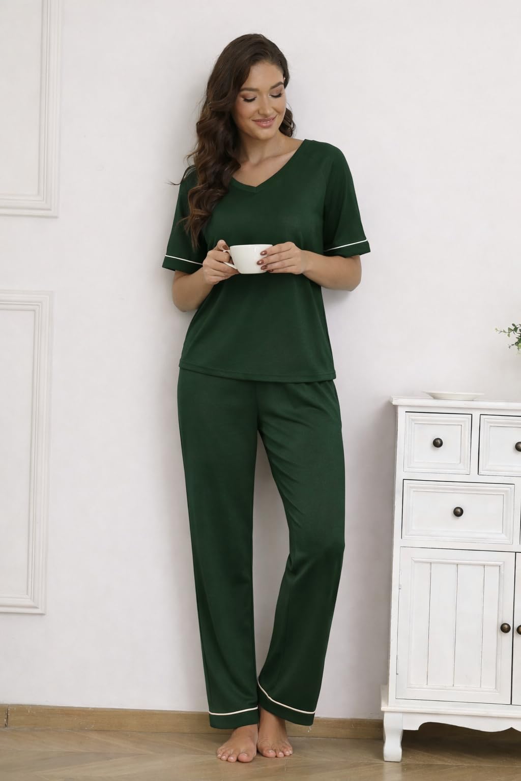 Ekouaer Womens Pajama Set Short Sleeve Pajamas Top and Pants V Neck Pjs Set Soft Loungewear with Pockets