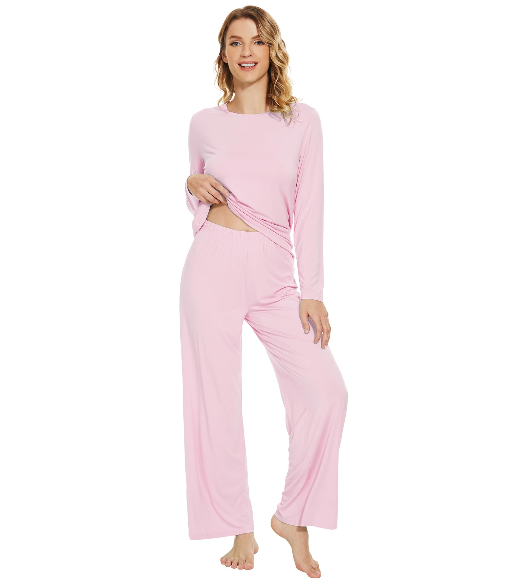 WiWi Bamboo Viscose Pajama Set for Women Super Soft Long Sleeve Top with Pants Loungewear Cooling 2 Piece Pjs Sets S-XXL