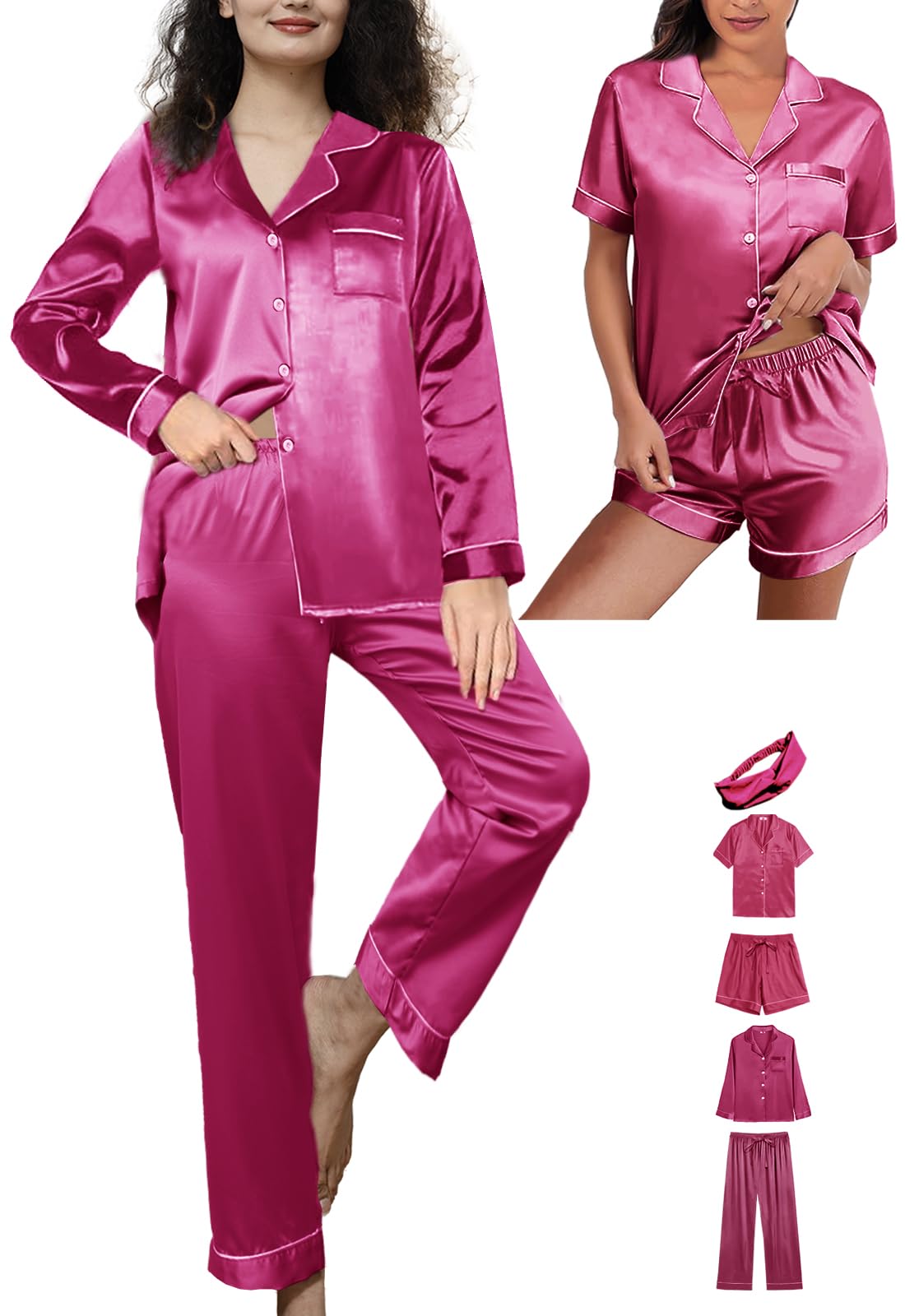 5Pcs Womens Satin Pajamas Set Silk Pajama Pjs XS-2XL Silky Pj Sets Button Down Sleepwear Nightwear Loungewear