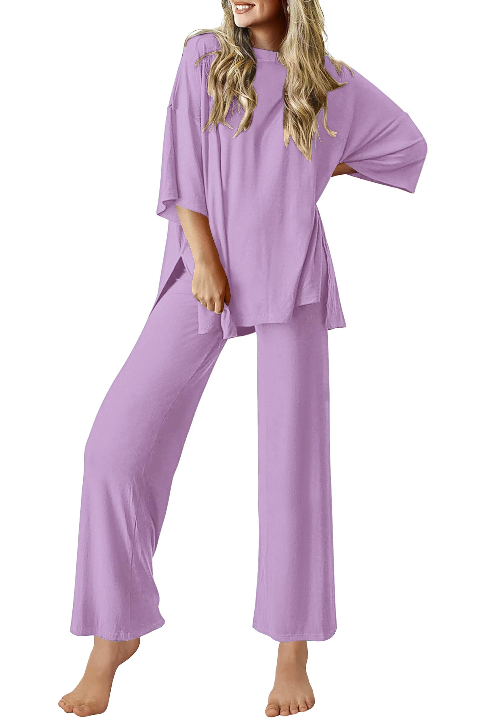 Ekouaer Lounge Sets for Women Short Sleeve Tops and Long Pants Soft Comfy Pajamas Set 2 Piece Outfits