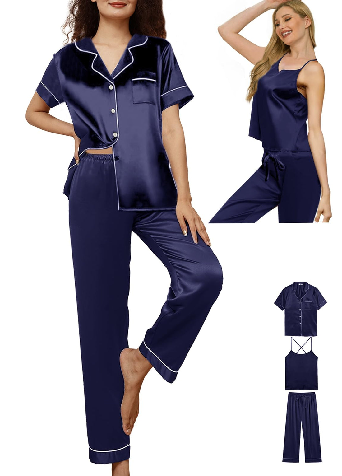 3Pcs Womens Satin Pajamas Set Silk Pj Sets Sexy Camisole Tops And Pants Silky Pajama XS-4XL Pjs Sleepwear WEBE CLOTHING