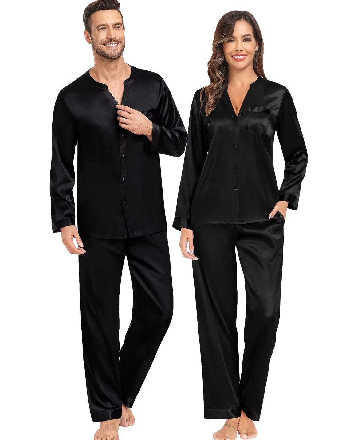 SWOMOG Family Matching Pajama Set 2Pcs Silk Satin Sleepwear Long Sleeve Button Down Loungewear