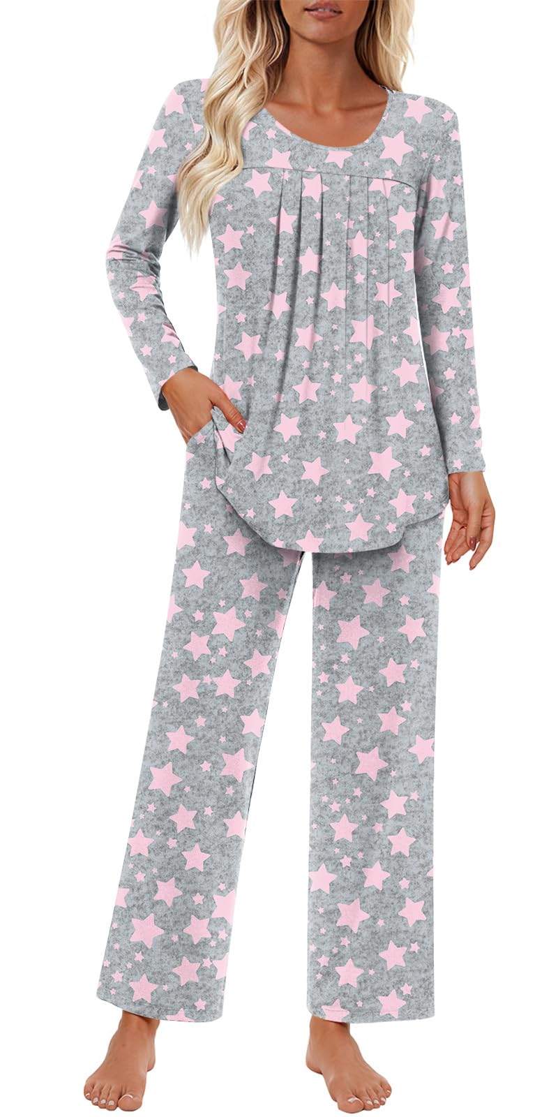 Findsweet Women's Pajama Set 2 Piece Lounge Outfits Soft Sleepwear Fall Long Sleeve Long Pant With Pockets Ladies Pjs S-3XL
