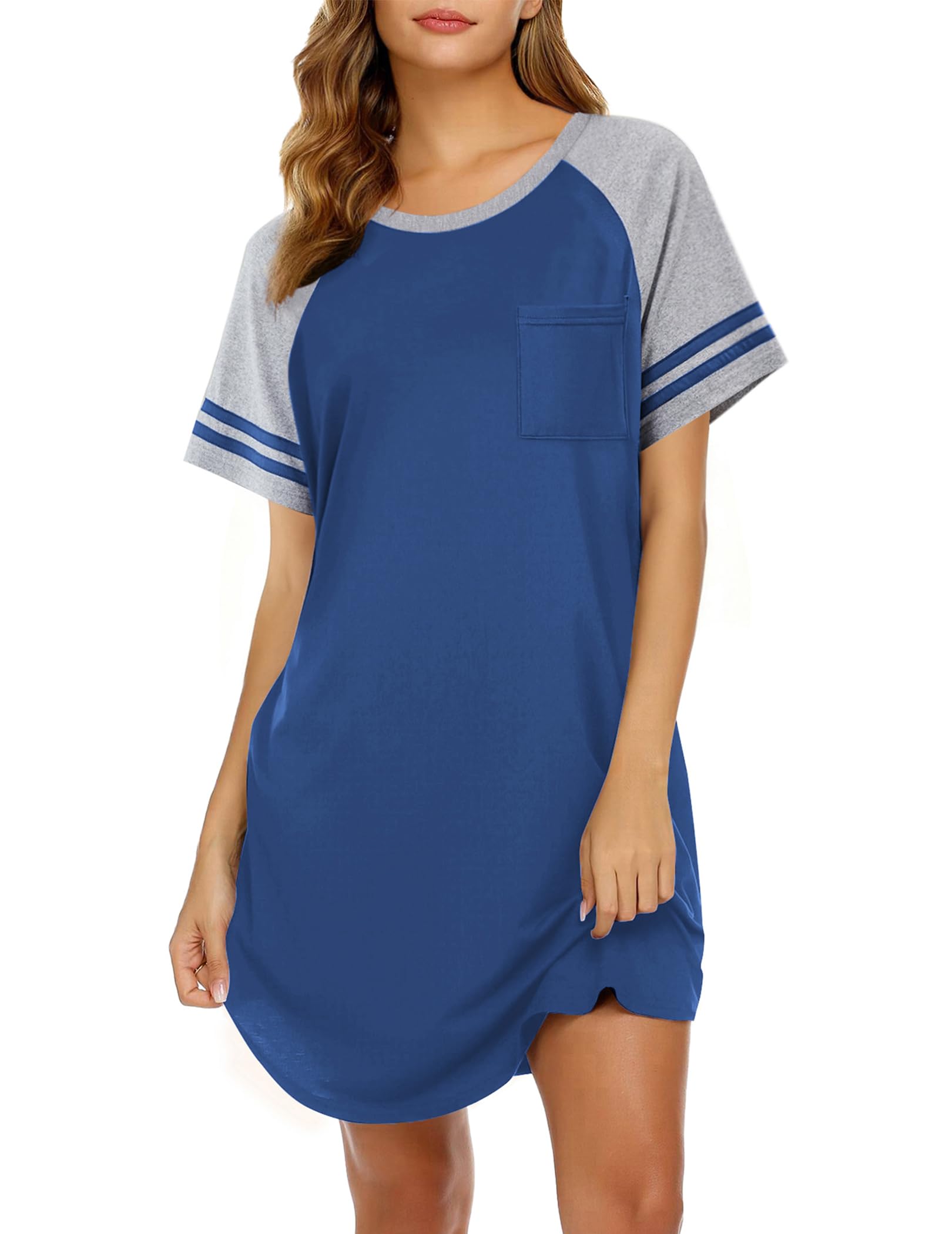 Ekouaer Nightgowns for Women Short Sleeve Sleepshirts Crew Neck Nightshirts Color Block Pajamas Dress Soft Sleepwear WEBE CLOTHING