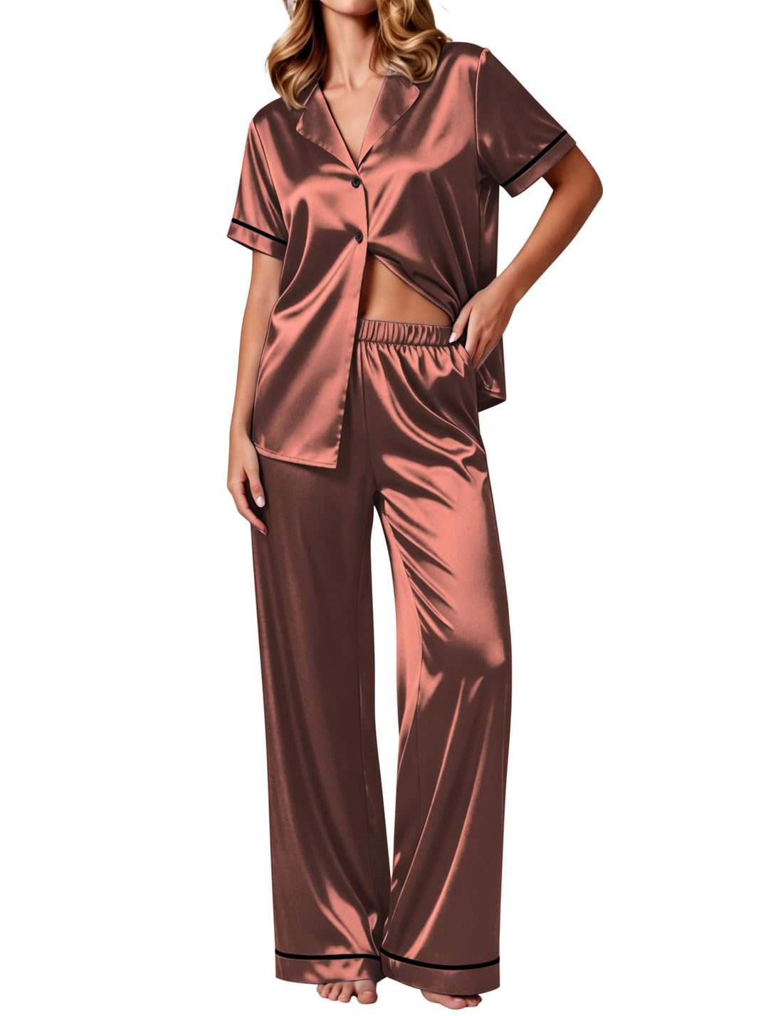 Ekouaer Women's Silk Pajamas Set Short Sleeve Satin Pjs 2 Piece Soft Loungewear with Pants Button Down Sleepwear