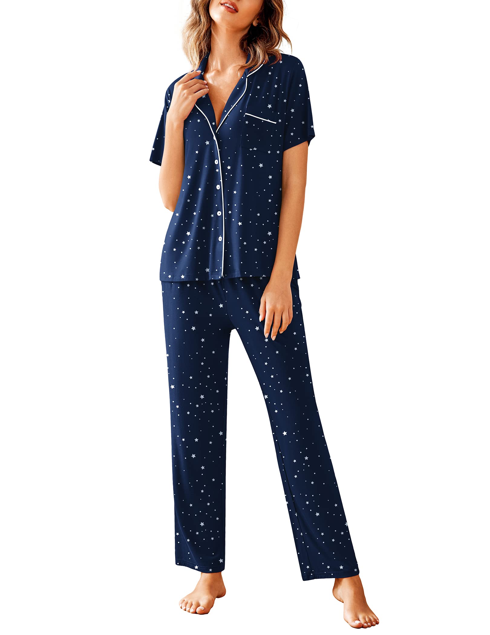 Avidlove Women Pajamas Set Notch Collar Soft Sleepwear Pjs Short Sleeve Button Down Nightwear with Long Pants WEBE CLOTHING