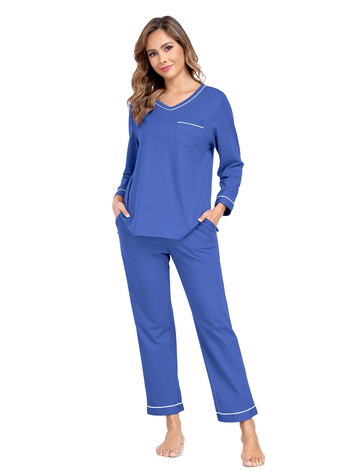 EA'S SECRET 100% cotton Pajamas for Women Summer Lightweight Long Sleeve Pjs 2 Piece Soft Lounge Sleepwear with pocket