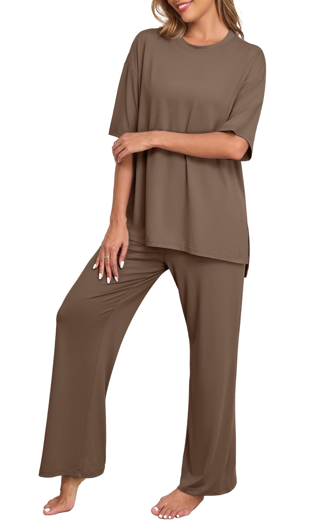 PrinStory Womens Pajamas Sets 2 Piece Lounge Set Short Sleeve Tops and Long Pants Soft Pjs Loungewear with Pockets