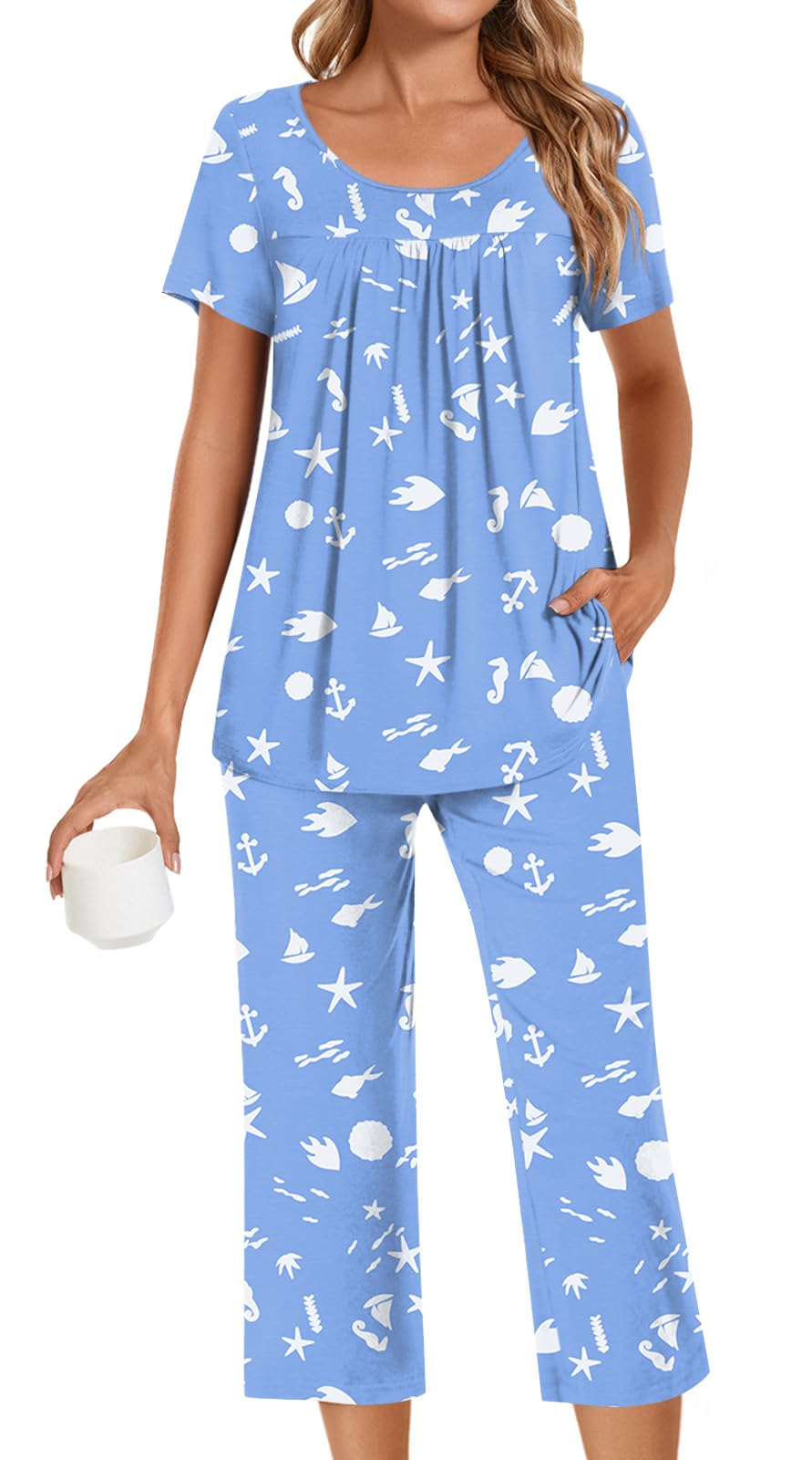 POPYOUNG Womens Pajama Sets Summer Ladies Pjs 2 Piece Loungewear Capri with Pockets Sleepwear