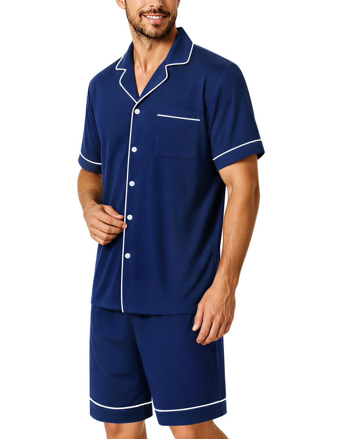 SWOMOG 100% Cotton Mens Pajama Set Short Sleeve Sleepwear Button Down Loungewear 2 PCS Cotton Pjs Set with Pockets WEBE CLOTHING