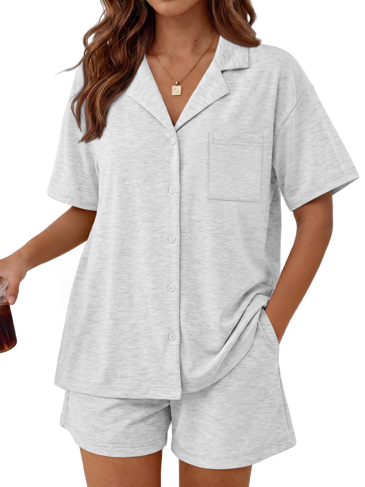 Trendy Queen Pajamas Set for Women 2 Piece Short Sleeve Sleepwear Button Down Pjs Matching Lounge Sets with Pockets