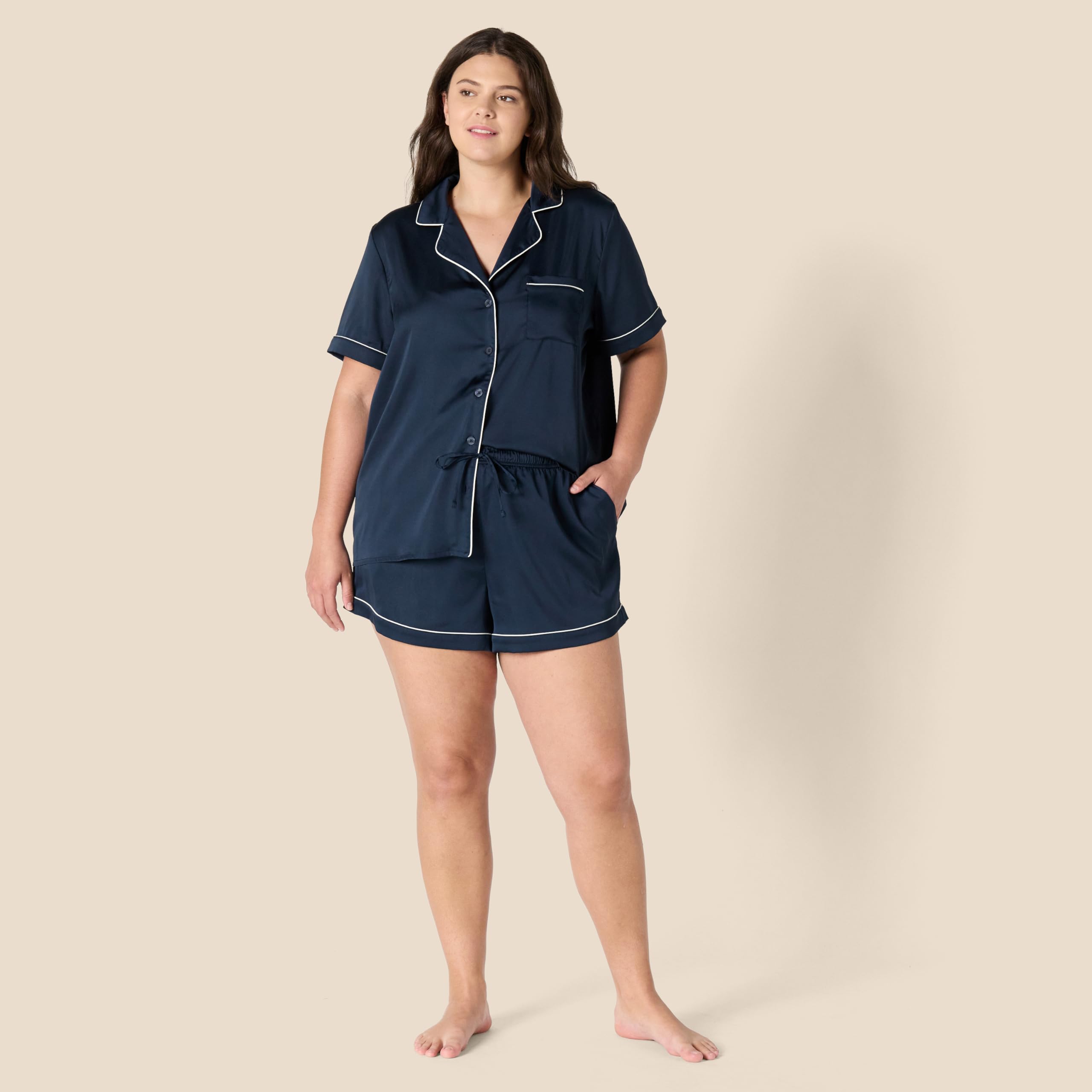 Amazon Essentials Women's Satin Short Sleeve Button-Down Top and Short Sleepwear Pajama Set
