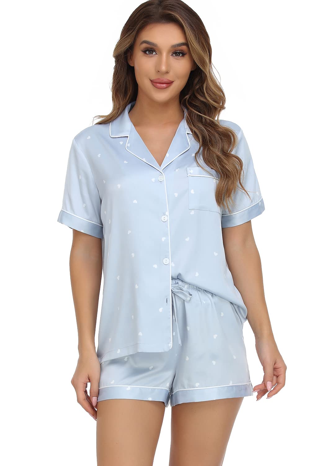 Serenedelicacy Women's Satin Pajama Set 2-Piece Sleepwear Loungewear Button Down Short Sleeve Silky PJ Set