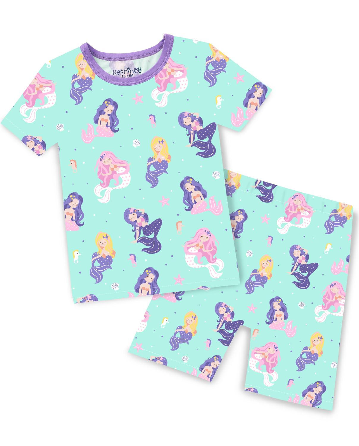 babee Reshinee Bamboo Viscose Toddler Unicorn Mermaid Girls Kids Pajamas Short Sleeve Summer Cool Snug fit Pjs, 2pcs