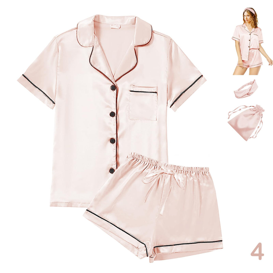 WJing Yi Jia 4Pcs Womens Satin Silky Pajama Sets Short Sleeve Shirt XS-4XL Floral Pajamas Set Soft PJ Loungewear Sleepwear