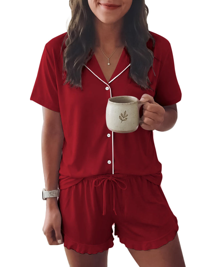 Ekouaer Womens Pajama Sets Button Down Short Sleeve Top and Shorts Cute Ruffled Pjs Sets Sleepwear