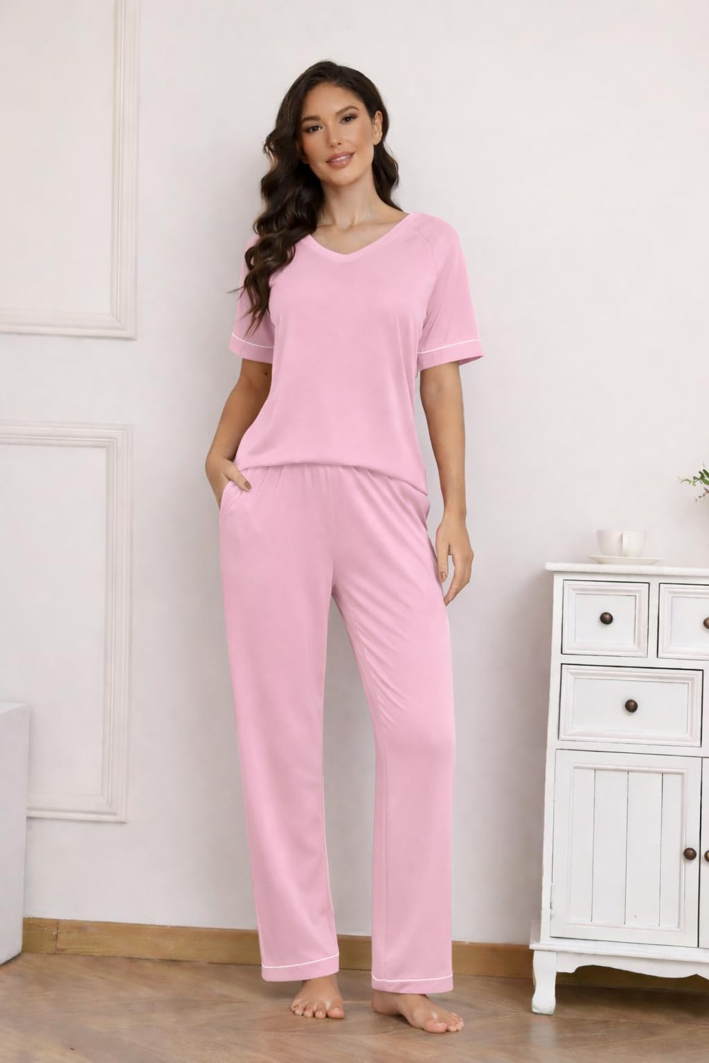 Ekouaer Womens Pajama Set Short Sleeve Pajamas Top and Pants V Neck Pjs Set Soft Loungewear with Pockets