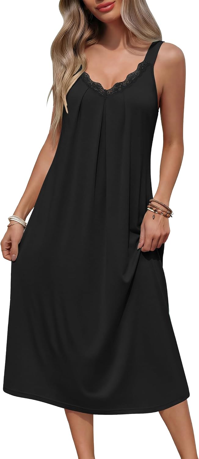 Ekouaer Sleeveless Nightgowns for Women Lace V-neck Long Nightdress Wide Strap Sleepwear Soft Lounge Dresses WEBE CLOTHING