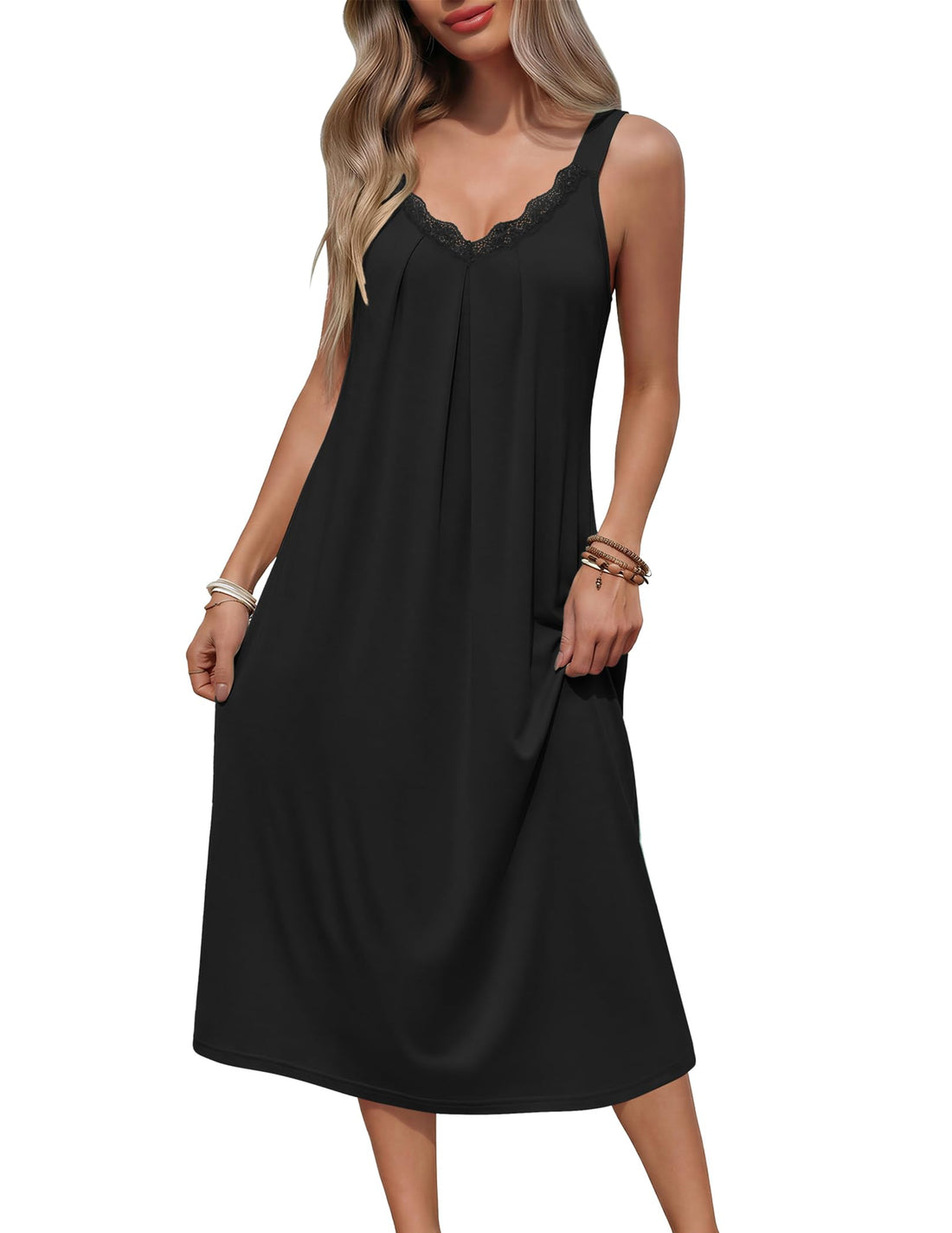 Ekouaer Sleeveless Nightgowns for Women Lace V-neck Long Nightdress Wide Strap Sleepwear Soft Lounge Dresses WEBE CLOTHING
