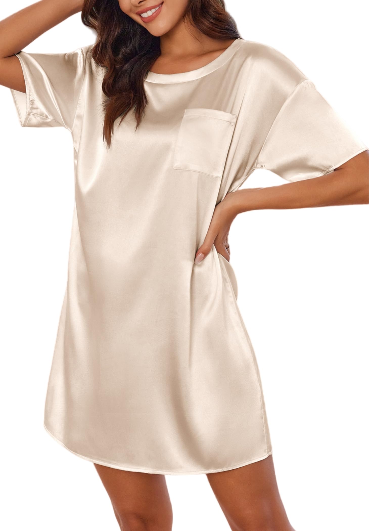 Ekouaer Silk Sleep Shirts for Women Satin Nightshirt Tshirt Nightgown Short Sleeve Round Neck Sleepwear with Pocket S-2XL