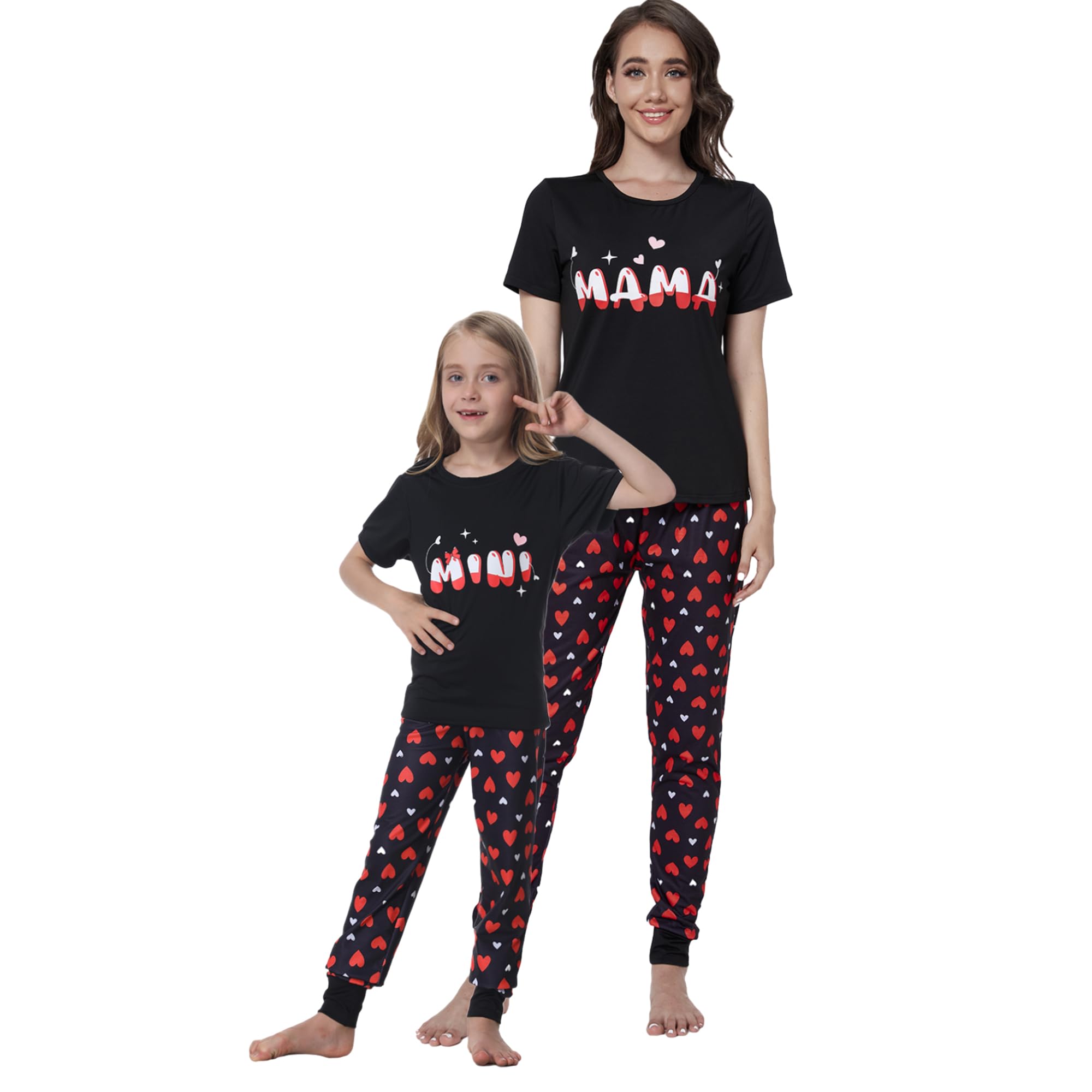 MyFav Mommy and Me Pajamas Heart Print Sleepwear Family Matching Short Sleeve Nightwear