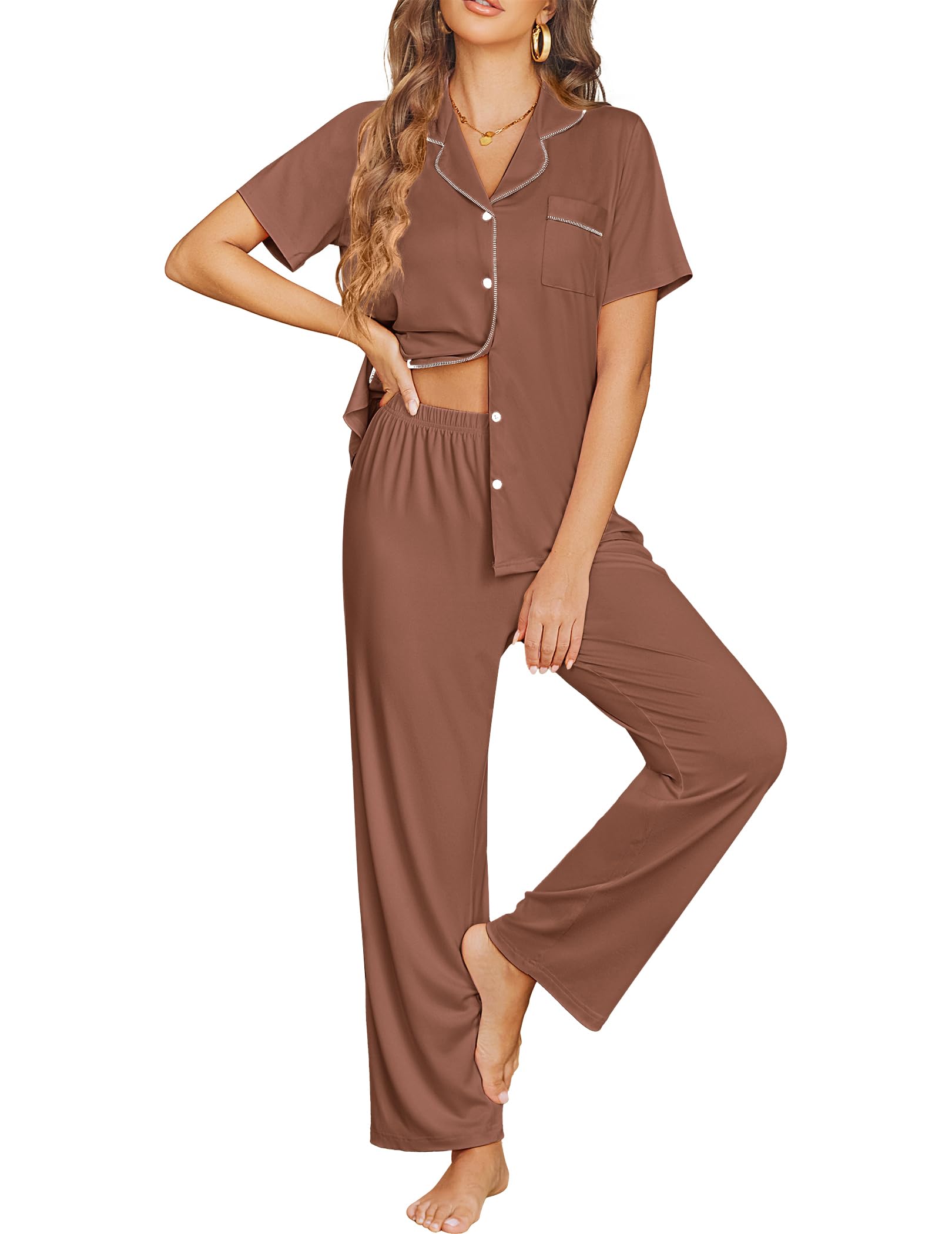 Ekouaer Womens Pajama Sets Button Down Pjs Lounge Sets 2 Piece Short Sleeve Sleepwear Soft Comfy Loungewear