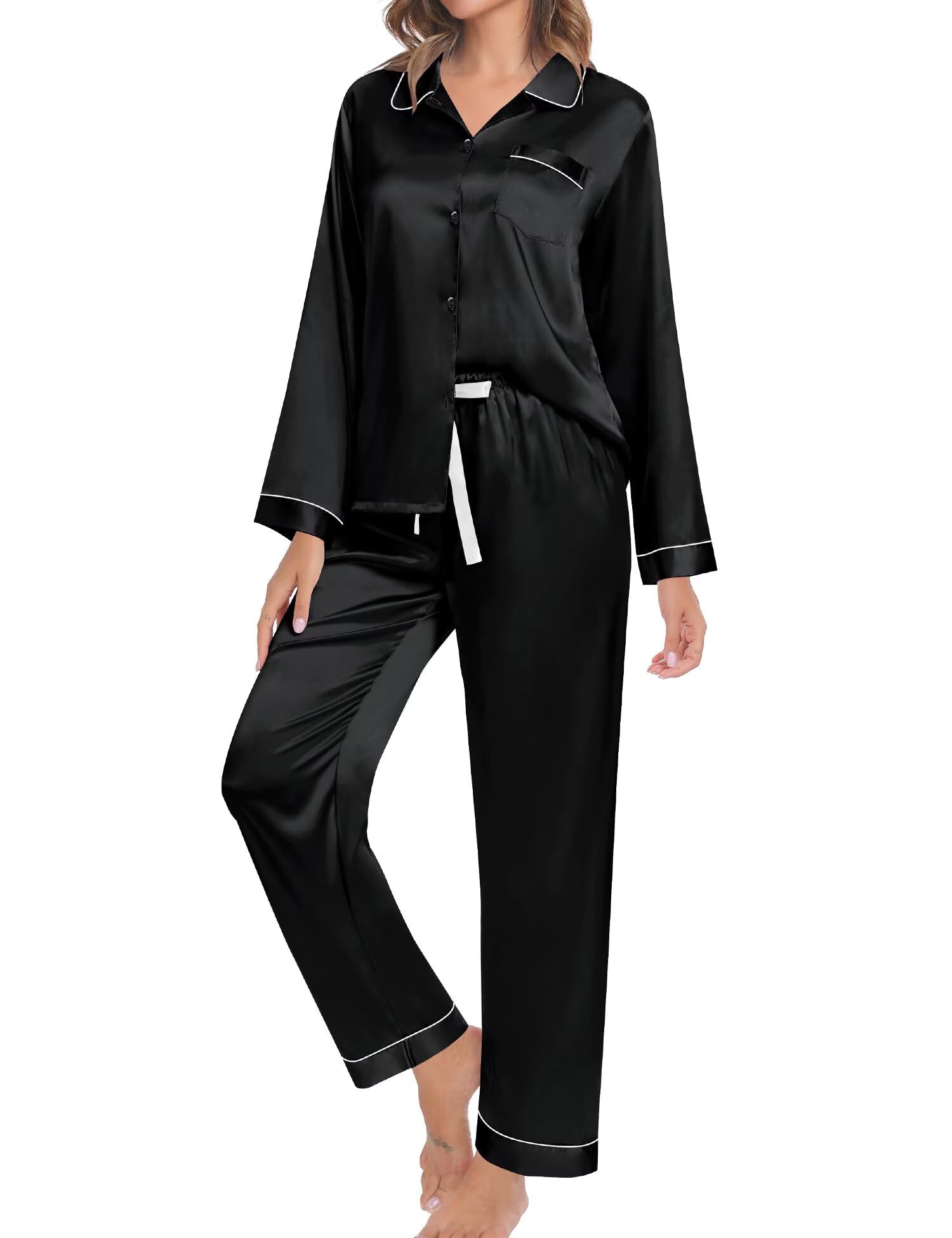 SWOMOG Family Matching Pajama Set 2Pcs Silk Satin Sleepwear Long Sleeve Button Down Loungewear