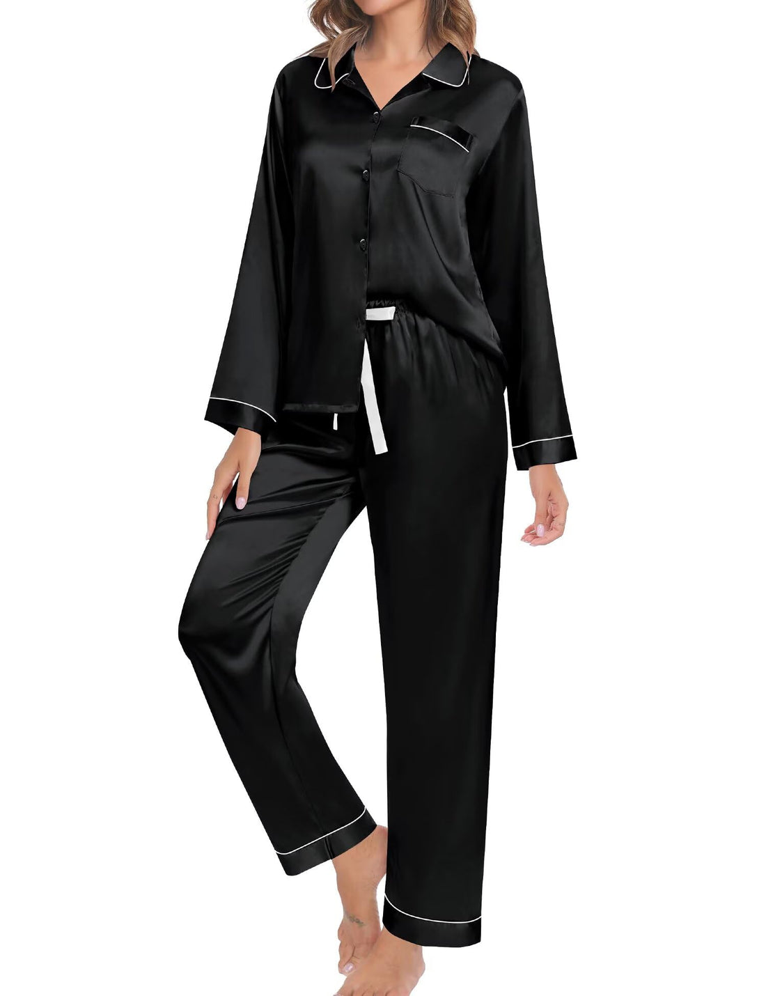 SWOMOG Family Matching Pajama Set 2Pcs Silk Satin Sleepwear Long Sleeve Button Down Loungewear