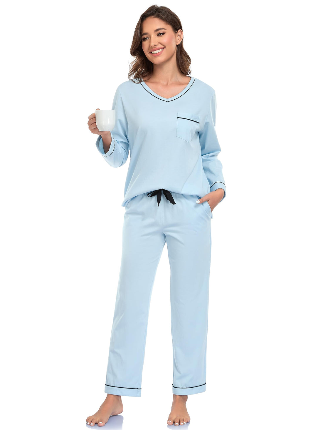 EA'S SECRET 100% cotton Pajamas for Women Summer Lightweight Long Sleeve Pjs 2 Piece Soft Lounge Sleepwear with pocket