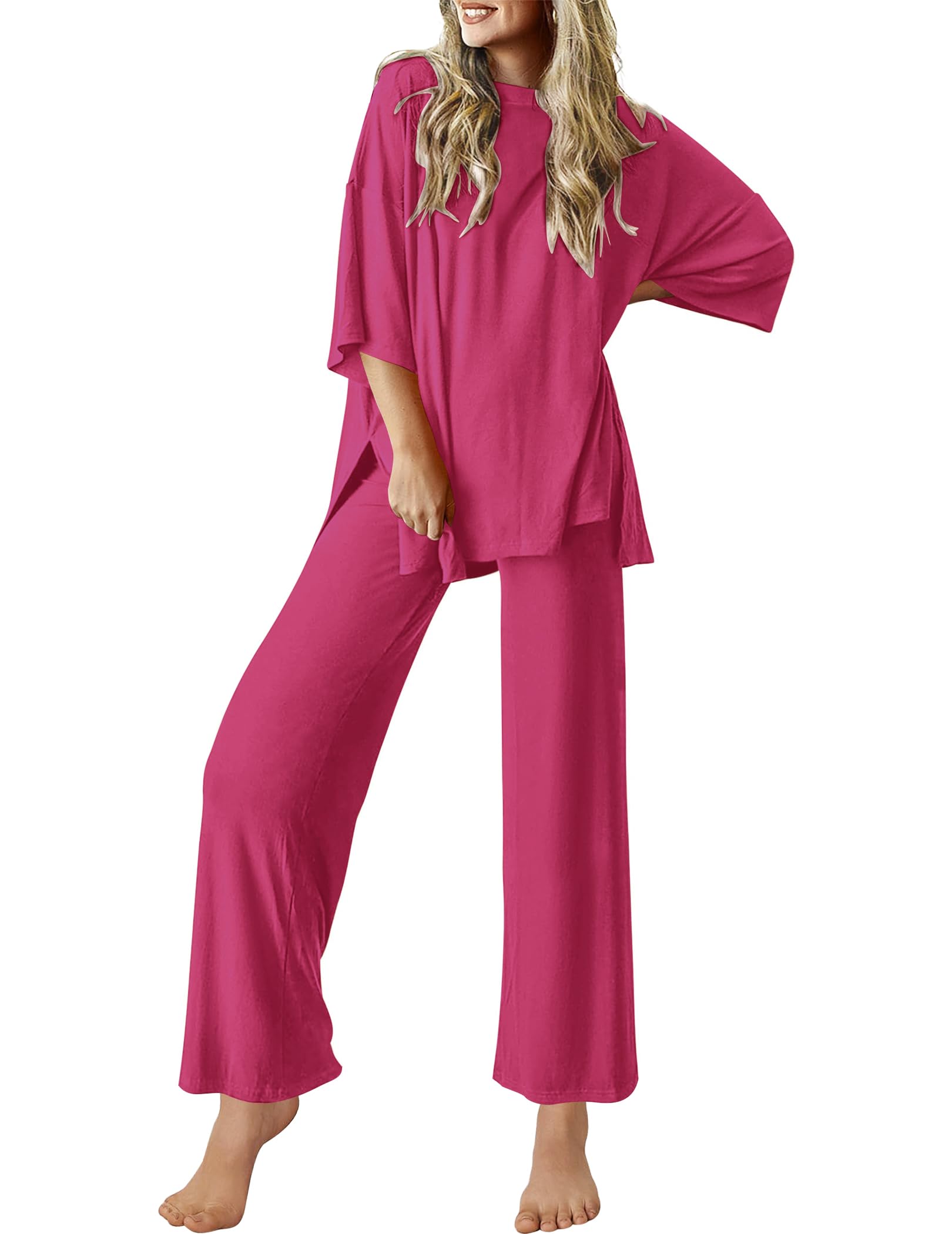 Ekouaer Lounge Sets for Women Short Sleeve Tops and Long Pants Soft Comfy Pajamas Set 2 Piece Outfits