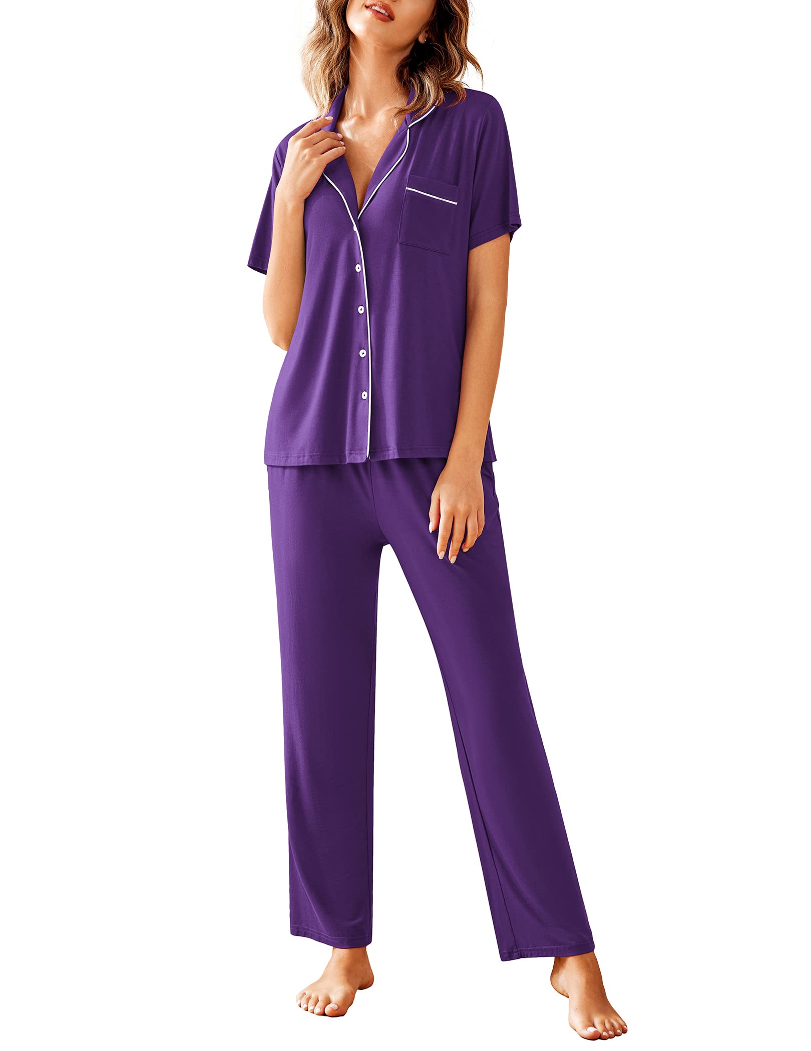 Avidlove Women Pajamas Set Notch Collar Soft Sleepwear Pjs Short Sleeve Button Down Nightwear with Long Pants WEBE CLOTHING