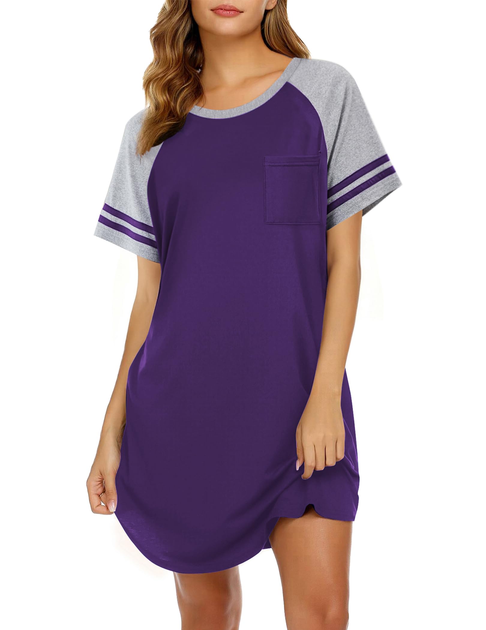 Ekouaer Nightgowns for Women Short Sleeve Sleepshirts Crew Neck Nightshirts Color Block Pajamas Dress Soft Sleepwear WEBE CLOTHING