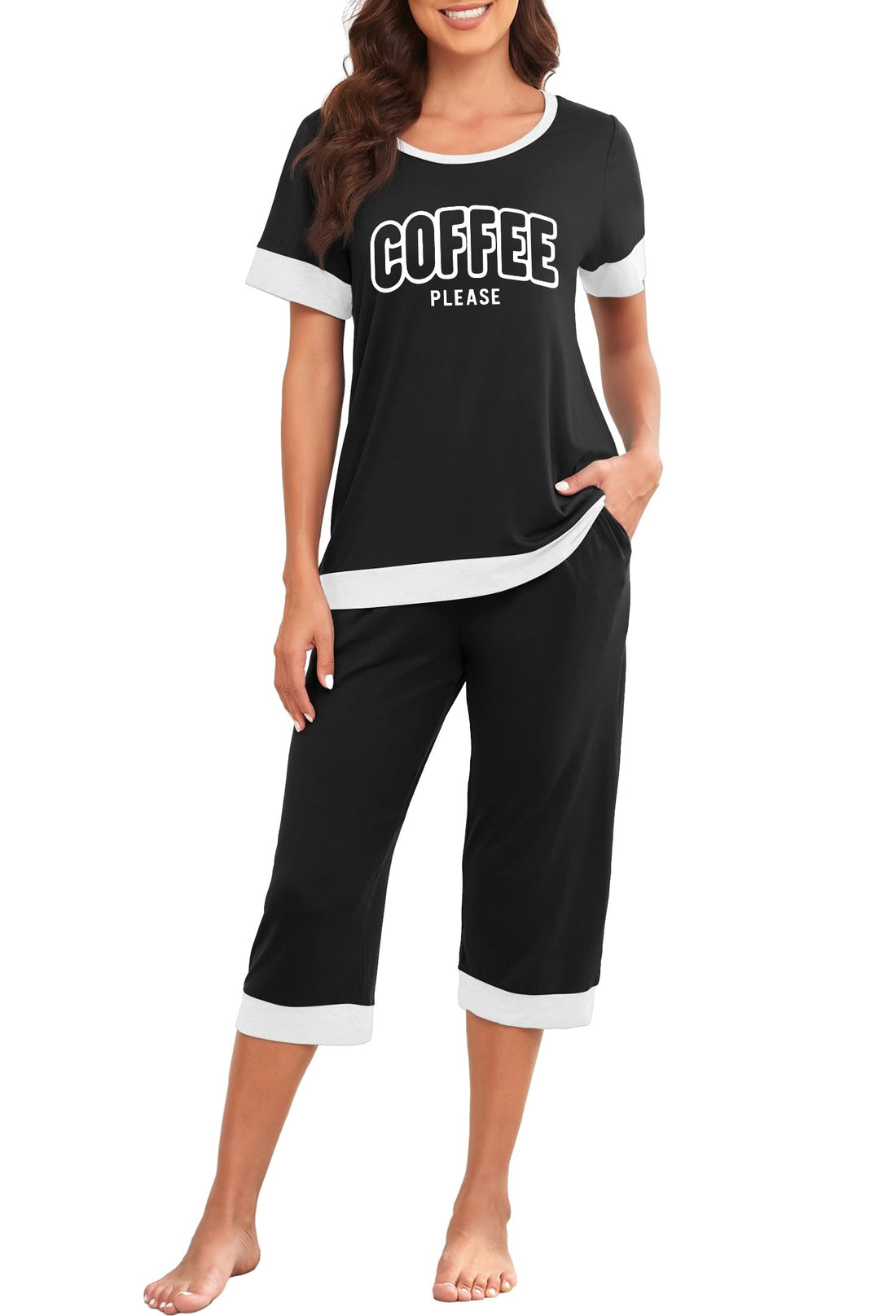 PrinStory Women's Pajama Set Short Sleeve Shirt and Capri Pants Sleepwear Pjs Sets Lounge Set WEBE CLOTHING