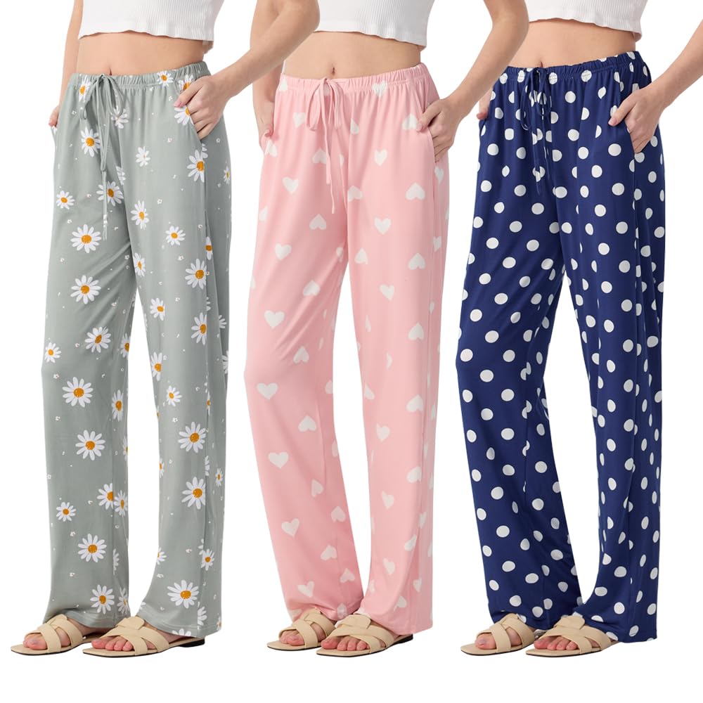 3-Pack Women’s Pajama Pants - Elastic Waist Drawstring Wide Leg Sleepwear Bottoms
