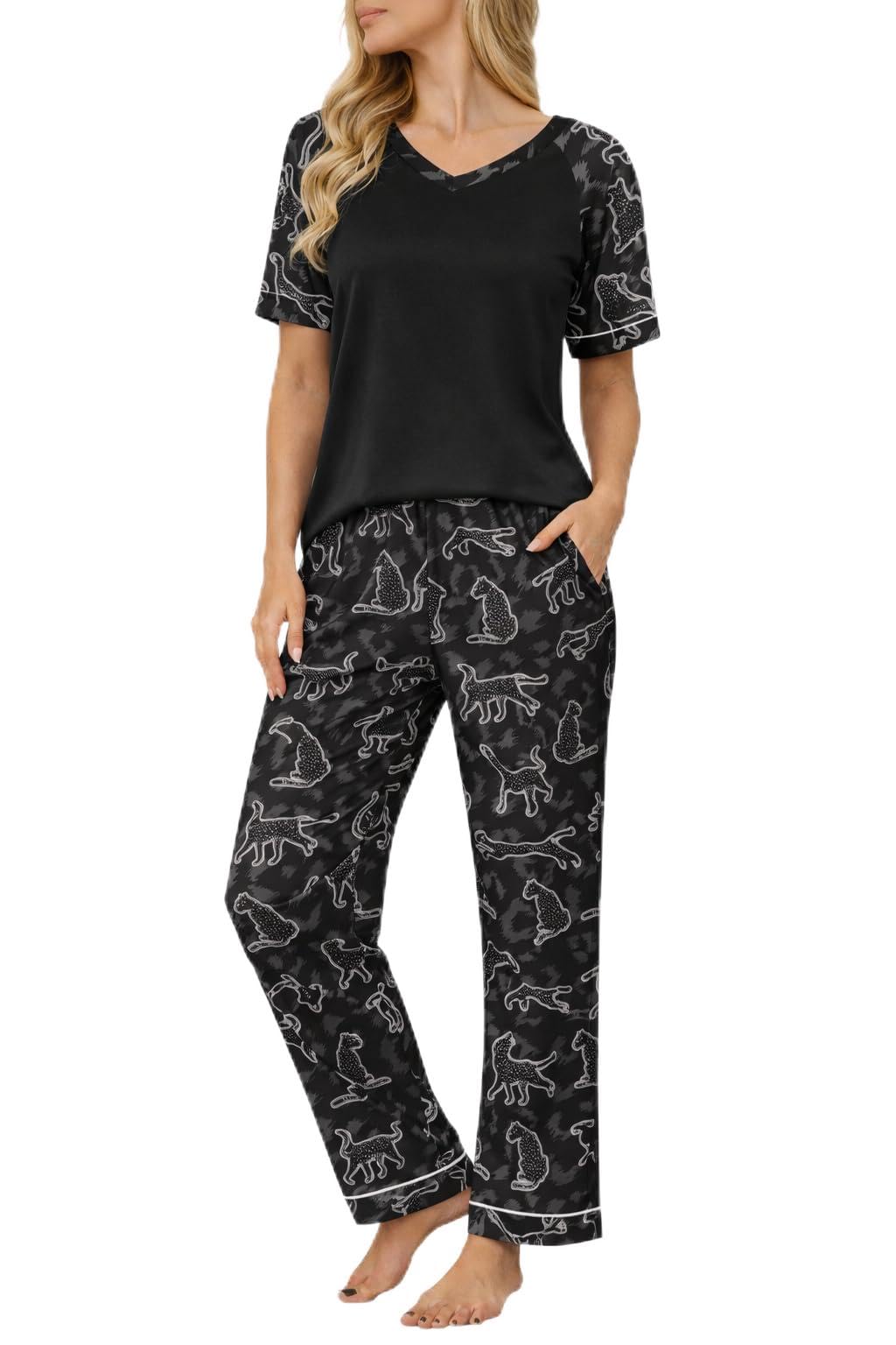 Ekouaer Womens Pajama Set Short Sleeve Pajamas Top and Pants V Neck Pjs Set Soft Loungewear with Pockets