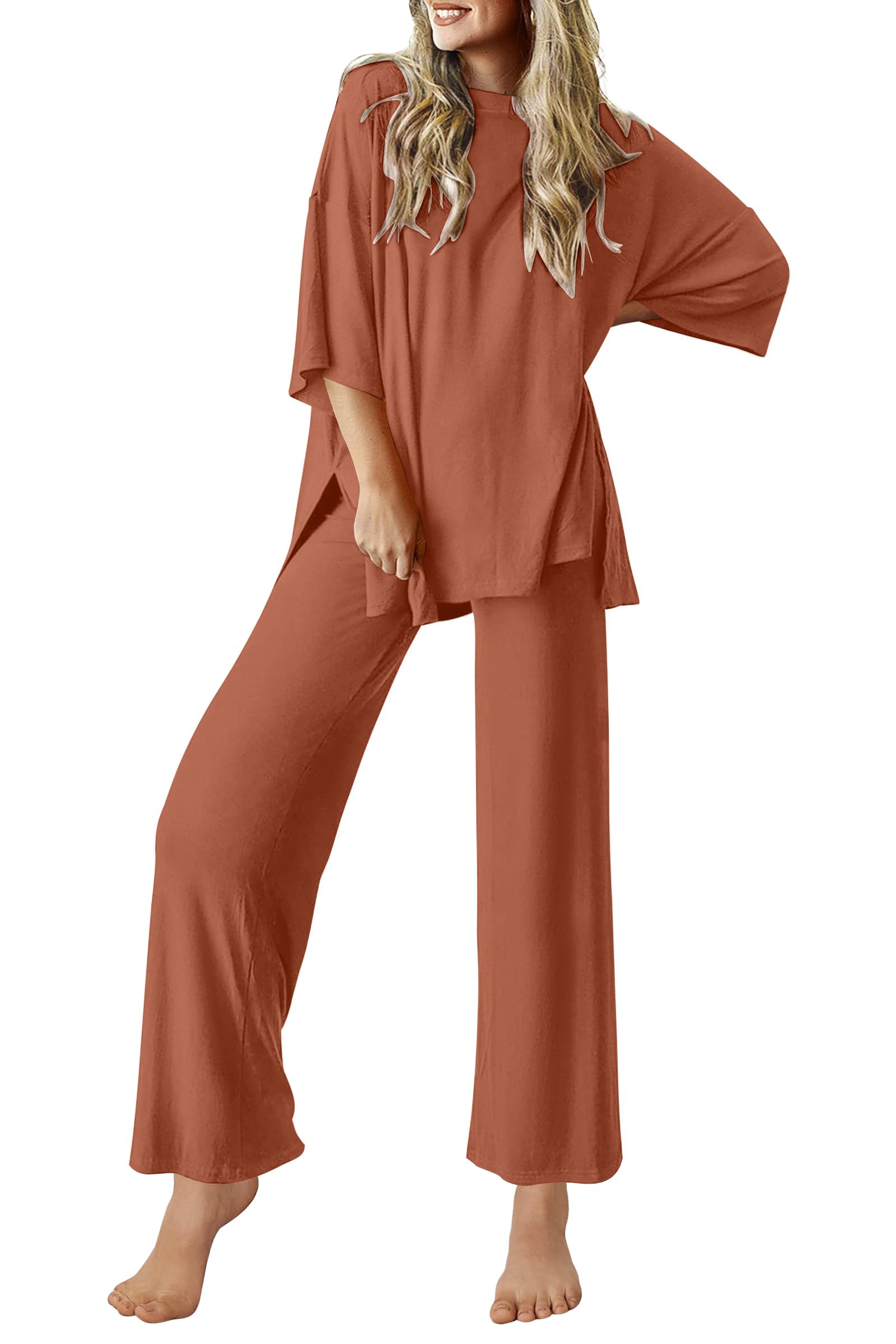 Ekouaer Lounge Sets for Women Short Sleeve Tops and Long Pants Soft Comfy Pajamas Set 2 Piece Outfits