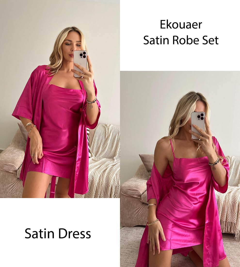 Ekouaer Women's Satin Robe Set Nightgown with Robes Silk Pajama Set 2 Pieces Lingerie Cowl Neck Cami Sleepwear Sets WEBE CLOTHING