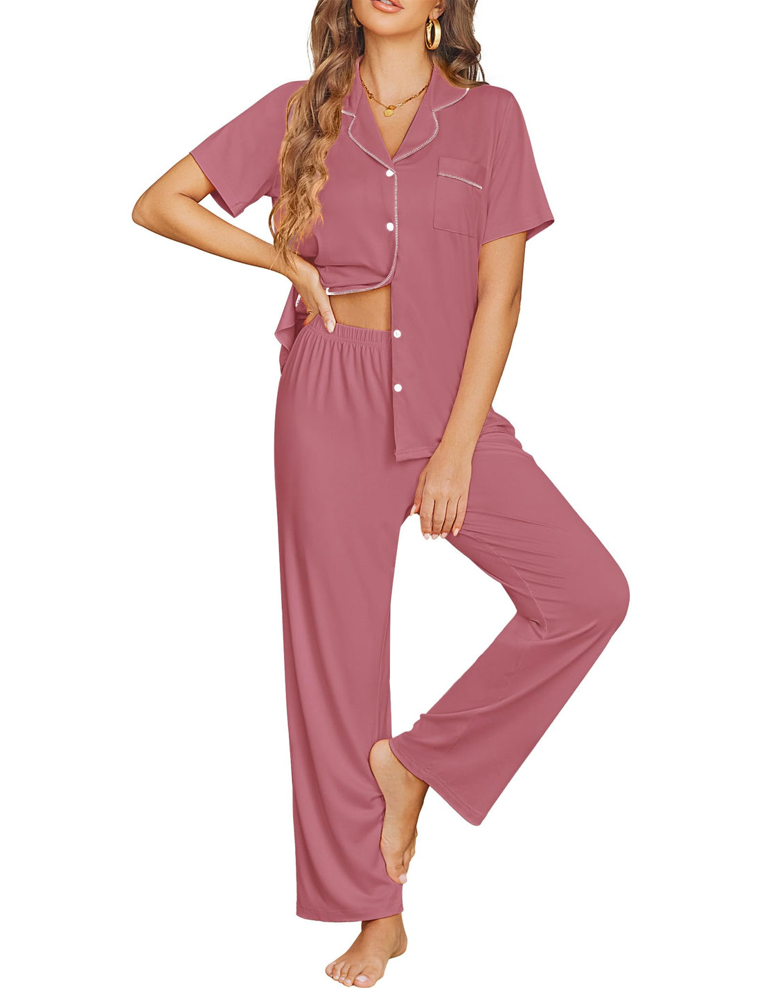 Ekouaer Womens Pajama Sets Button Down Pjs Lounge Sets 2 Piece Short Sleeve Sleepwear Soft Comfy Loungewear