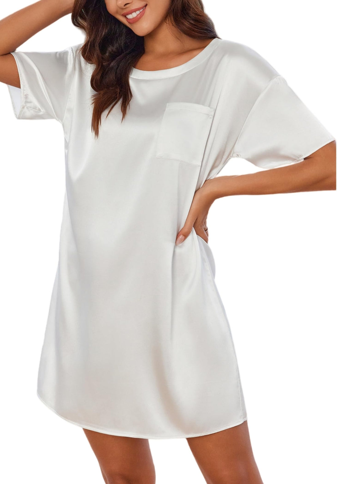 Ekouaer Silk Sleep Shirts for Women Satin Nightshirt Tshirt Nightgown Short Sleeve Round Neck Sleepwear with Pocket S-2XL