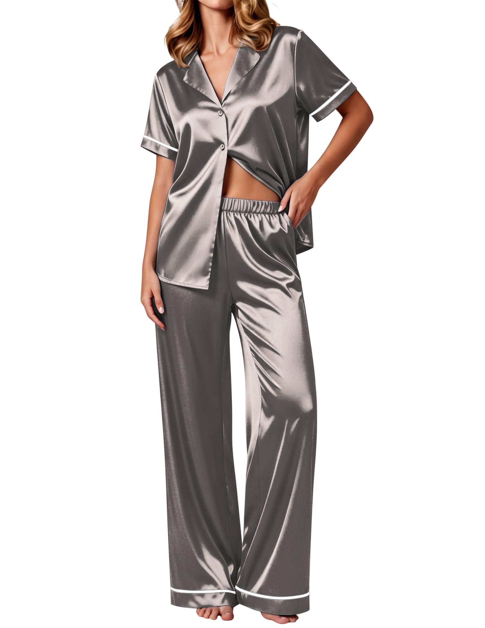 Ekouaer Women's Silk Pajamas Set Short Sleeve Satin Pjs 2 Piece Soft Loungewear with Pants Button Down Sleepwear