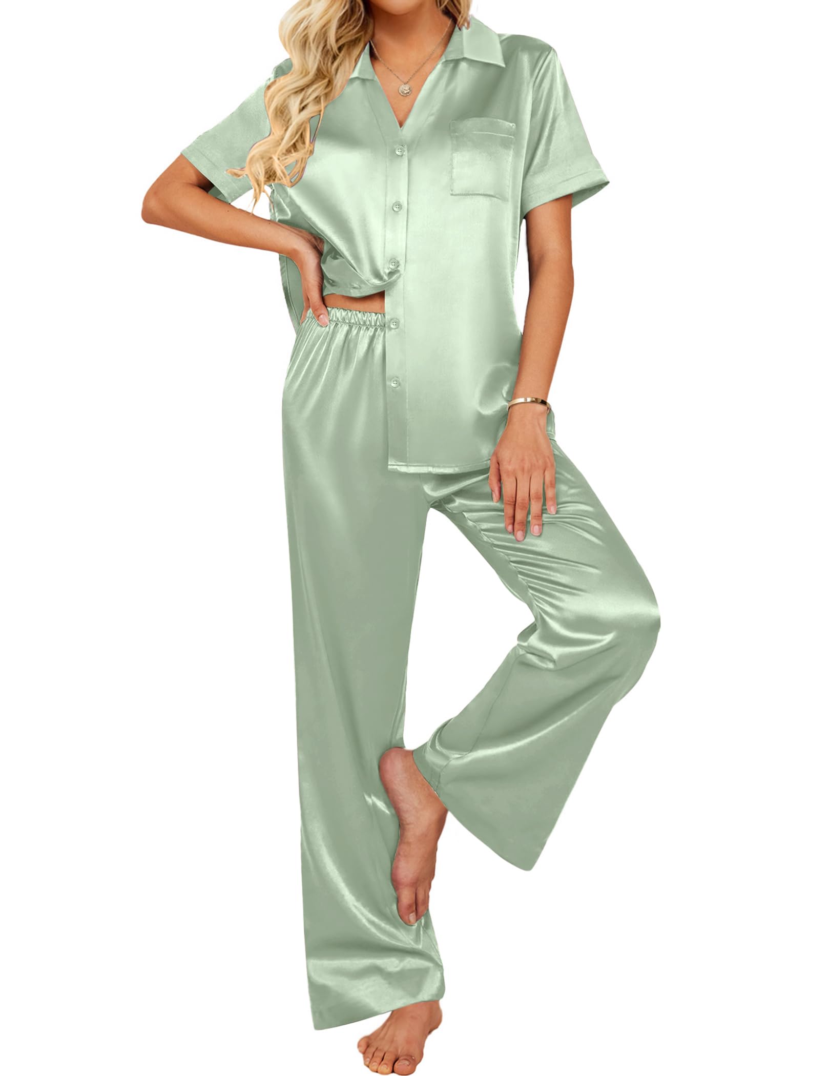 Ekouaer Silk Pajamas for Womens Set 2 Piece Satin Pjs Soft Button Down Sleepwear Wide Leg Long Pants with Pockets