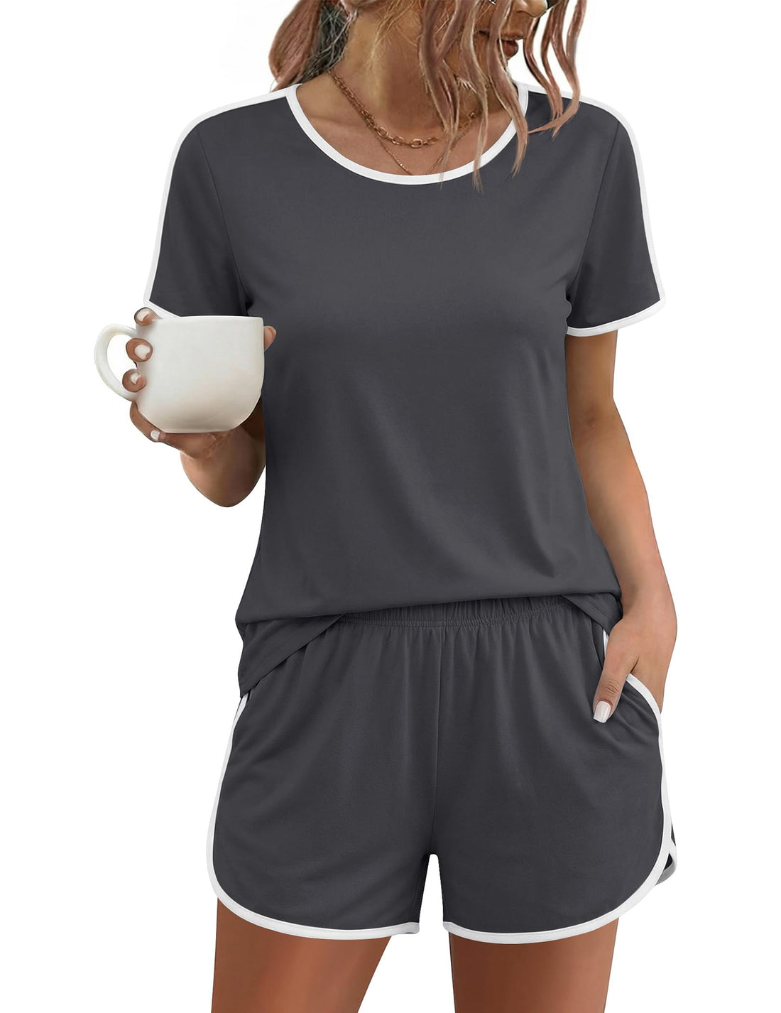 Ekouaer Womens Pajama Sets Short Sleeve Sleepwear Soft Pjs Sets Round Neck Summer 2 Piece Lounge Set with Pockets S-XXL