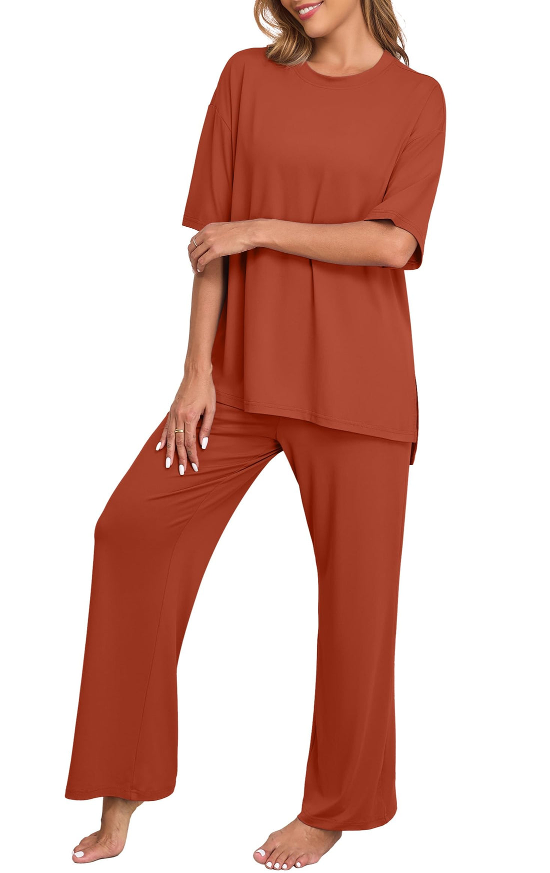 PrinStory Womens Pajamas Sets 2 Piece Lounge Set Short Sleeve Tops and Long Pants Soft Pjs Loungewear with Pockets