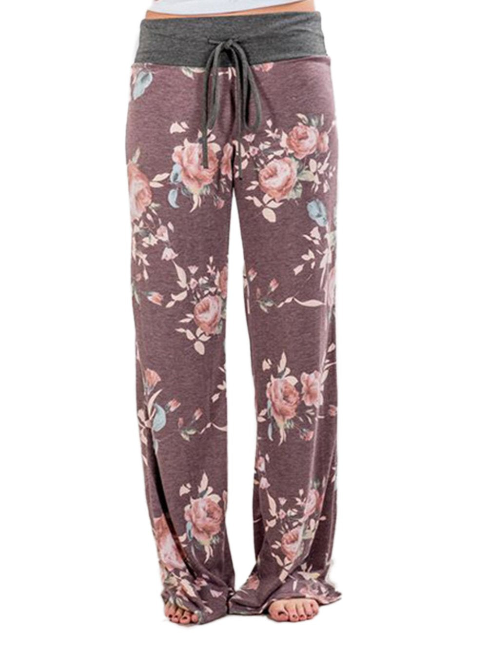iChunhua Women's Comfy Stretch Floral Print Drawstring Palazzo Wide Leg Lounge Pant
