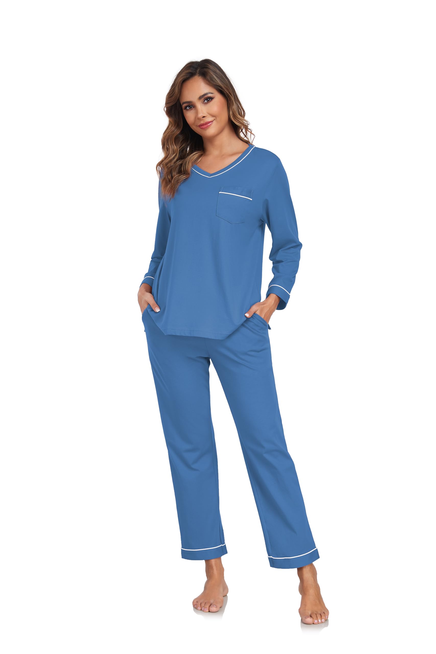 EA'S SECRET 100% cotton Pajamas for Women Summer Lightweight Long Sleeve Pjs 2 Piece Soft Lounge Sleepwear with pocket