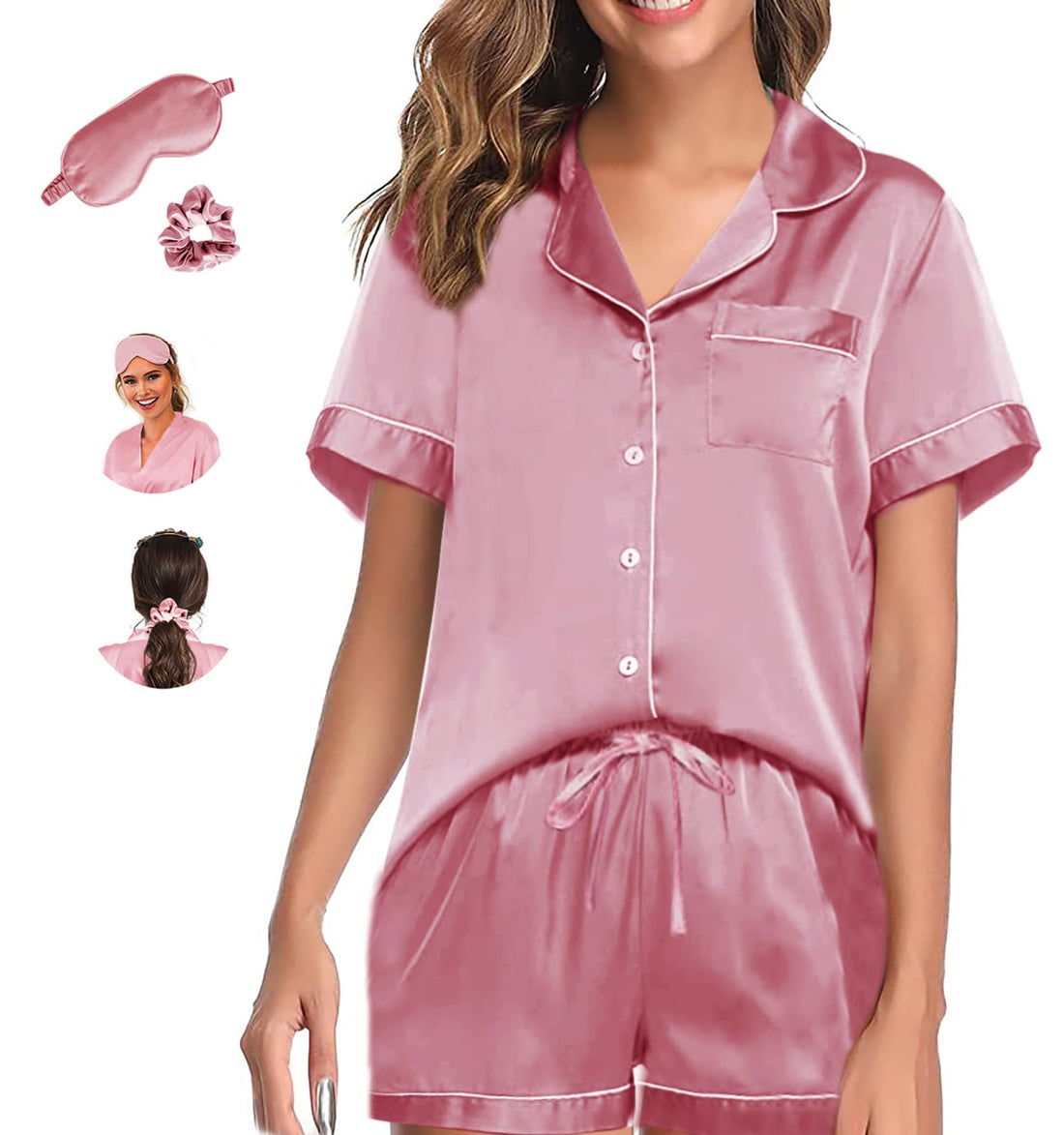 WJing Yi Jia Womens Pajama Sets XS-4XL Silk Satin Pajamas Set Floral 2Pcs Pj Sets Button Down Pjs Set Sleepwear Loungewear